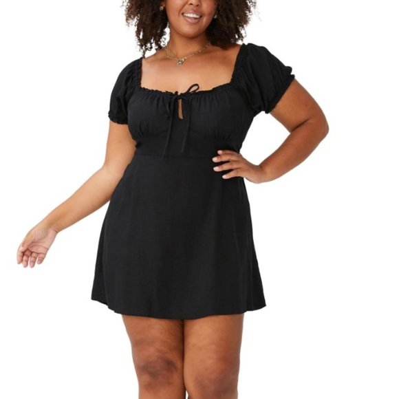 Cotton On Curve Milly Linen-Blend Sweetheart Puff Sleeve Mini Dress - NEW - Picture 1 of 11